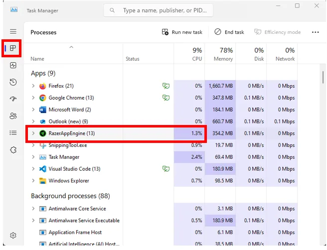 Razer App Engine process visible in Windows Task Manager during Synapse troubleshooting