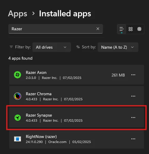 Windows Installed Apps view used before repairing or reinstalling Razer Synapse