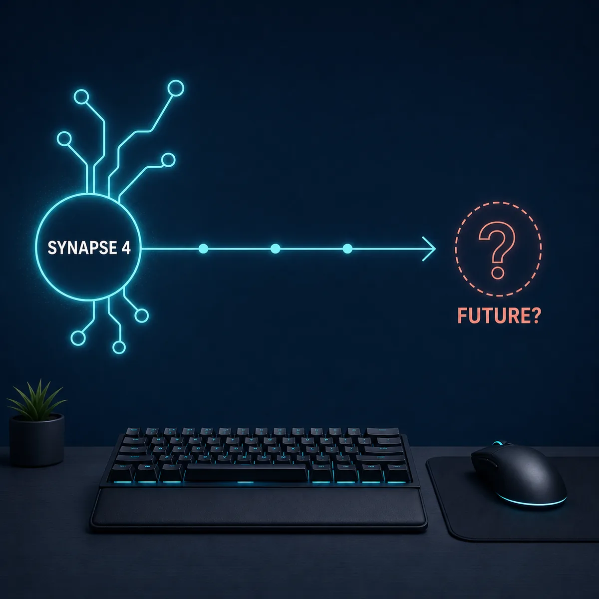 Concept illustration showing the verified Synapse 4 branch leading toward an unconfirmed future version