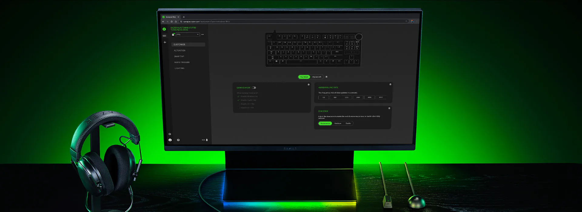 Official Razer Synapse 4 product media showing a headset, keyboard, and device-control screen