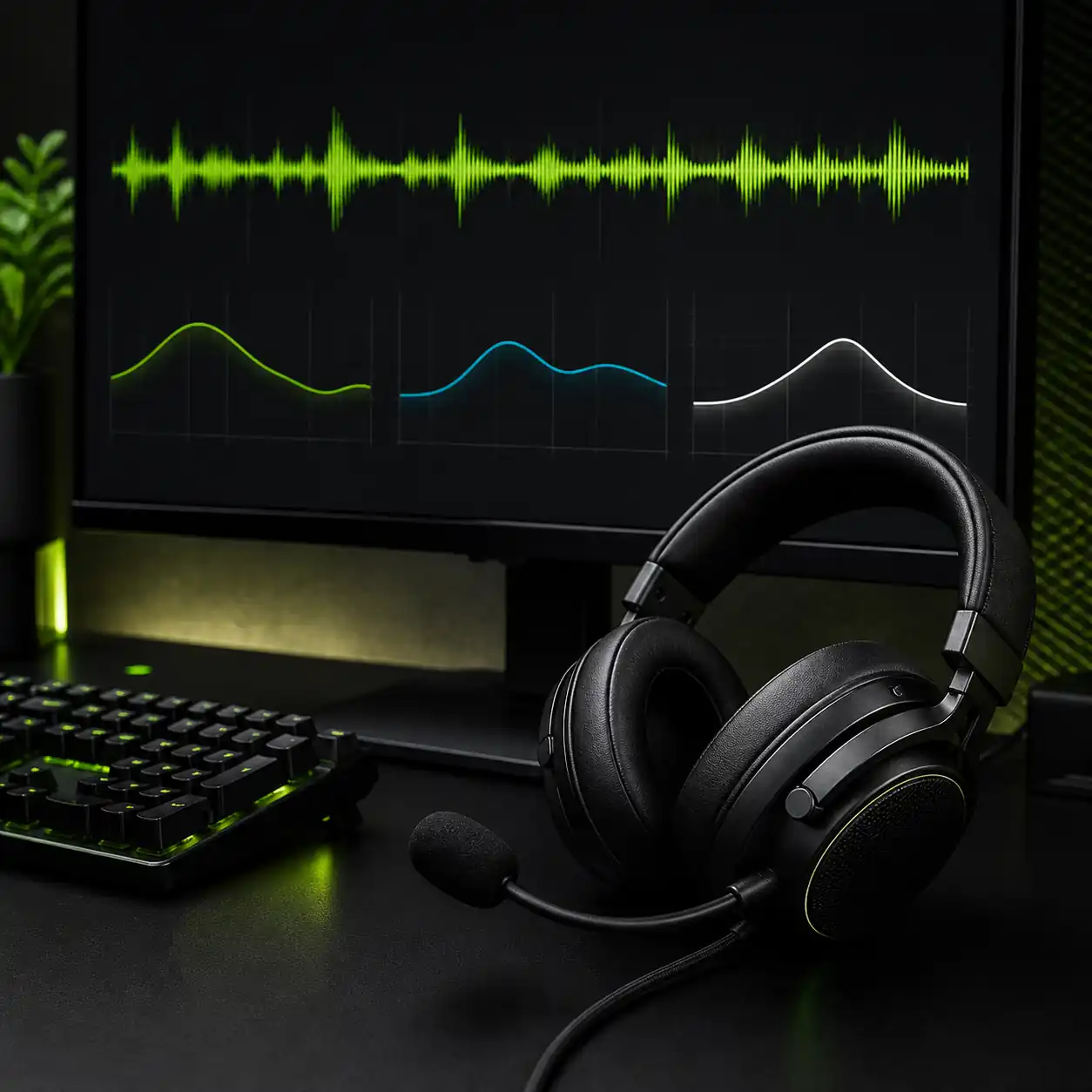 Illustrative gaming headset and monitor with three simple equalizer curves for audio tuning