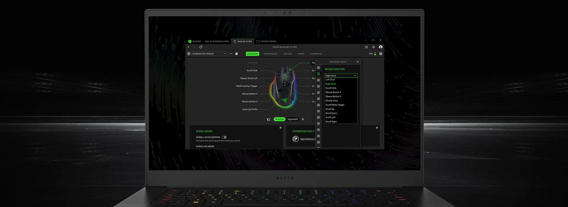 Official Razer Synapse 4 screen showing a device profile selector and mouse button assignments