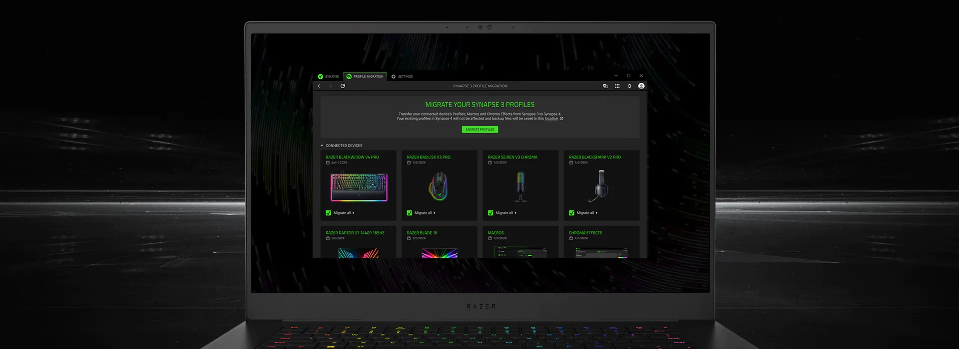 Official Razer Synapse 4 Profile Migration screen listing devices, macros, and Chroma effects