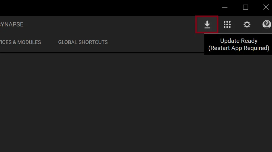 Razer Synapse dashboard showing the official Update Ready restart prompt